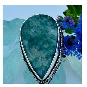 925 Sterling Teardrop Moss Agate Ring  Size 8.5